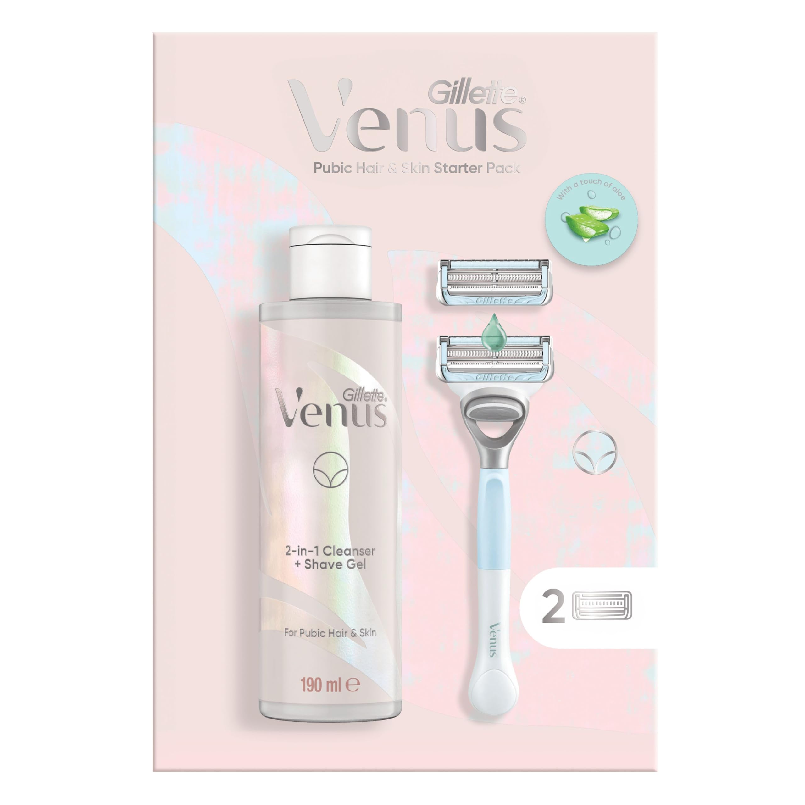 Gillette Venus Razor for Pubic Hair & Skin Protection, 1 Handle & 2 Blade Refills - Includes 2-in-1 Shave Gel & Cleanser 190ml, Sensitive Skin Protection for Women