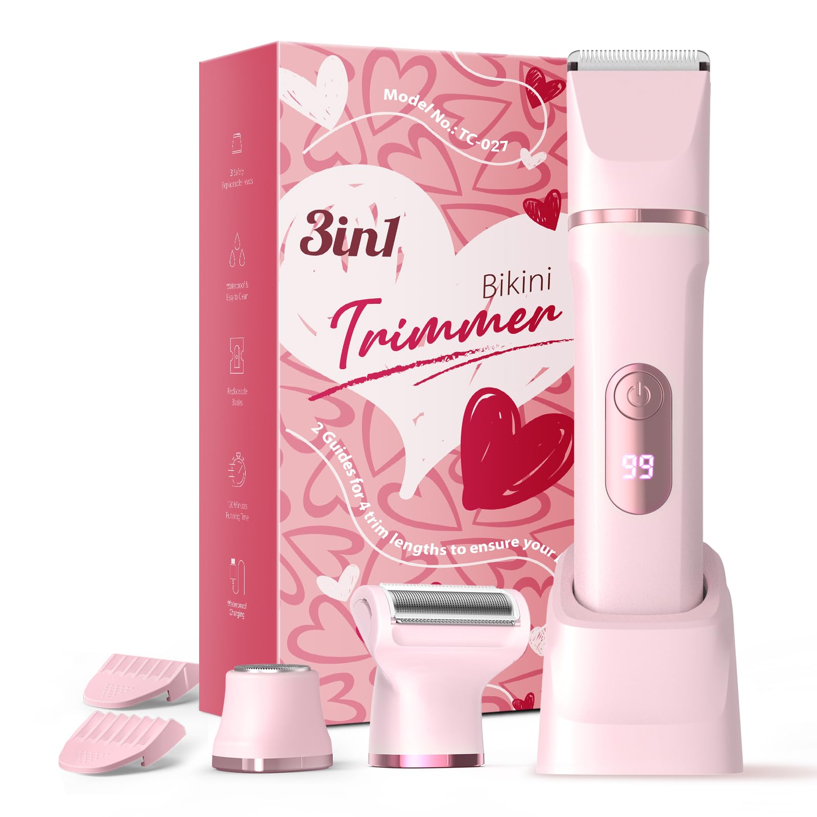 Lady Shavers for Women,3-in-1 Bikini Trimmer Woman, LED Display, Razors Women, IPX7 Waterproof Wet & Dry, Pubic Hair Trimmer, Ceramic Blade, USB Charging Dock, Pink