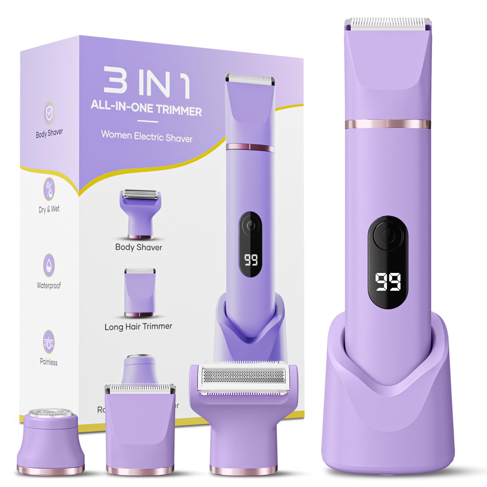 Lady Shavers for Women 3-in-1, Tiovara Painless Electric Razors Shaver IPX7 Waterproof Cordless Body Hair Trimmer Pubic Hair Removal with USB Charge Dock for Underarm Leg Arm Body Face (Purple)
