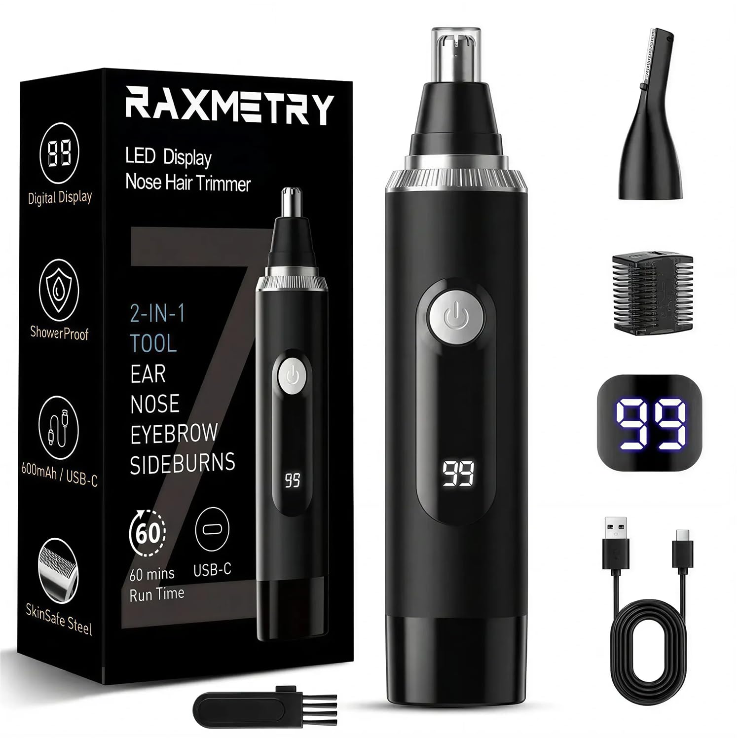 Nose Hair Trimmer for Men,2026 Professional LED Display Painless IPX7 Waterproof Eyebrow & Facial Hair Trimmer,USB Rechargeable Dual-Edge Blades,Black