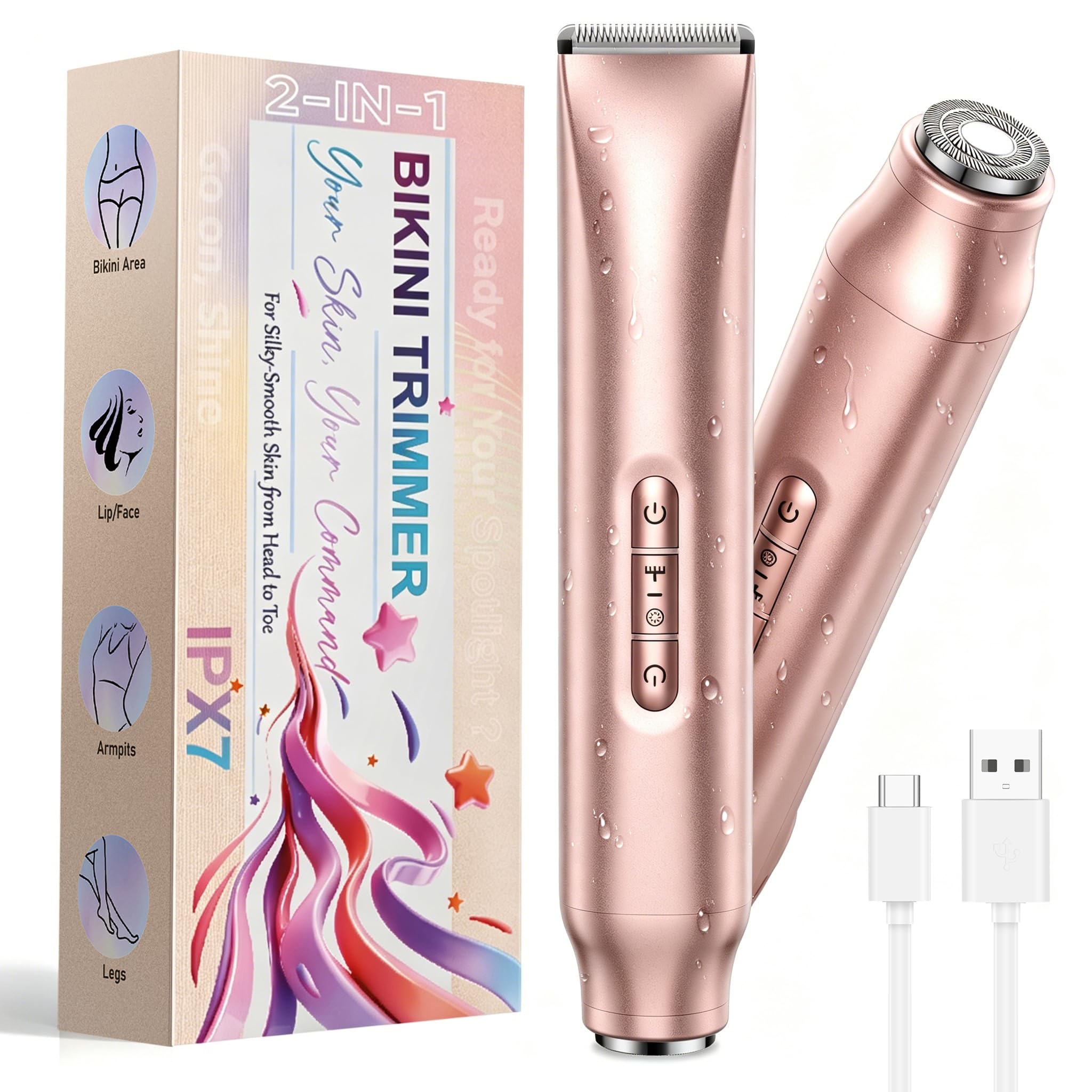 Lady Shavers for Women, 2-in-1 Painless Bikini Trimmer Women & Facial Hair Remover, Wet/Dry Rechargeable Electric Razor with Battery Indicator, Portable for Face, Underarm, Legs & Pubic Hair