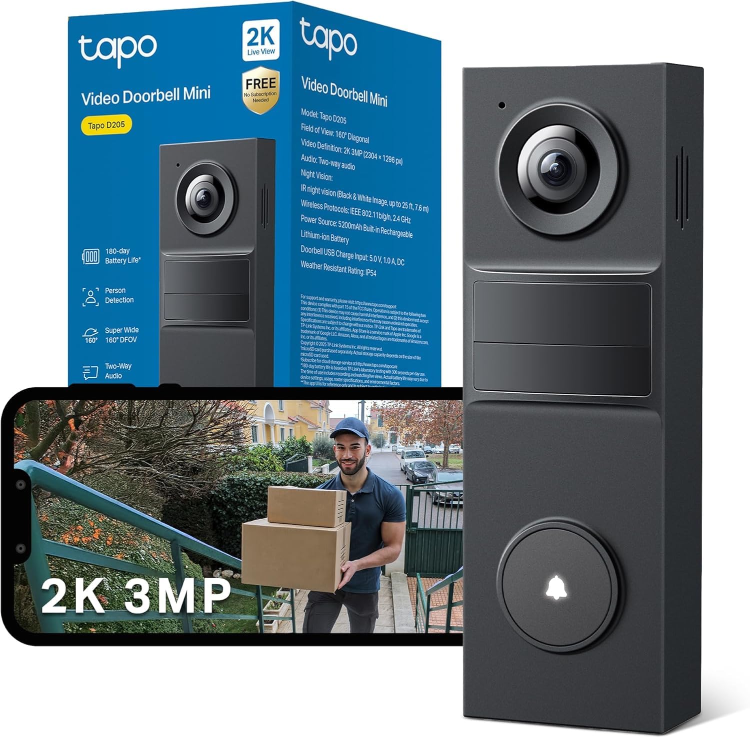 Tapo D205 2K 3MP Doorbell Camera Wireless, Video Doorbell Wireless