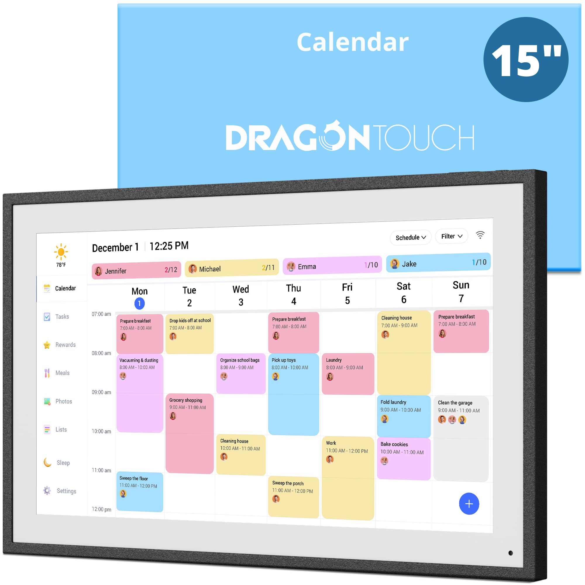 Dragon Touch Calendar, 15.6" Digital Calendar 2026 Family Wall Planner, 1080P Full HD Interactive Touchscreen, Smart Chore Chart and Home Organization, Gift for Busy Families Scheduling-Black